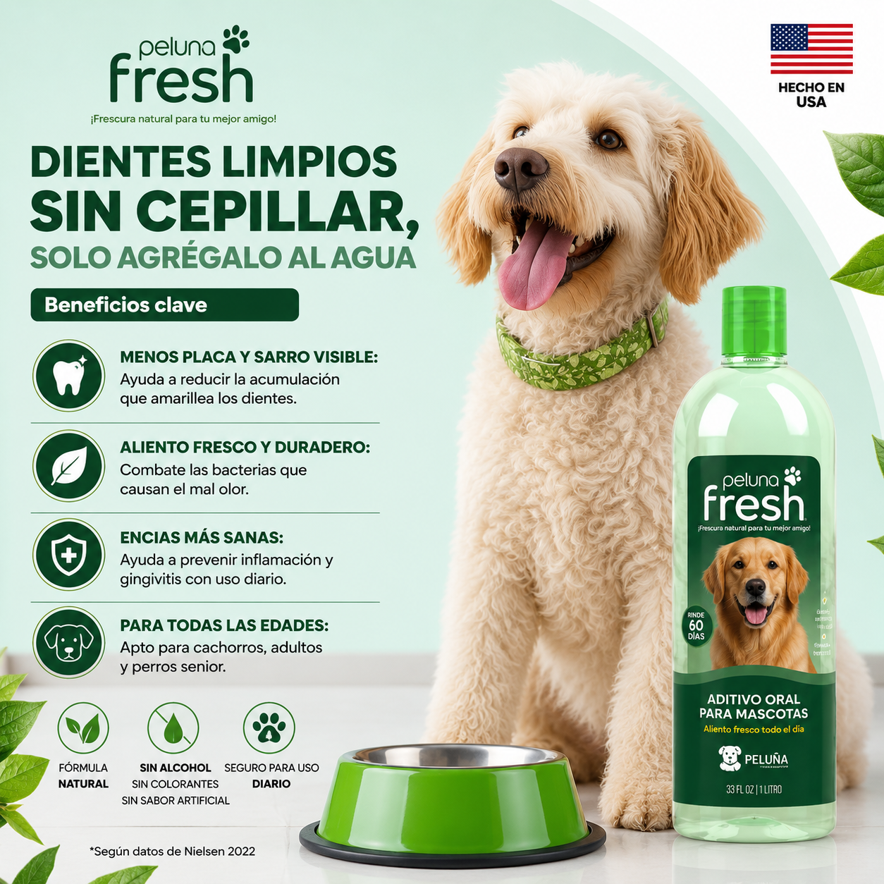 Peluna Fresh — Aditivo oral en agua para perros (botella 1 L, rinde ~60 días).