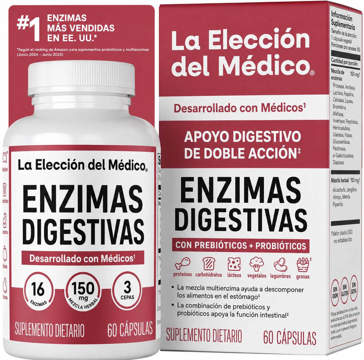 Complejo Digestivo 3 en 1 enzimas prebióticos y probióticos