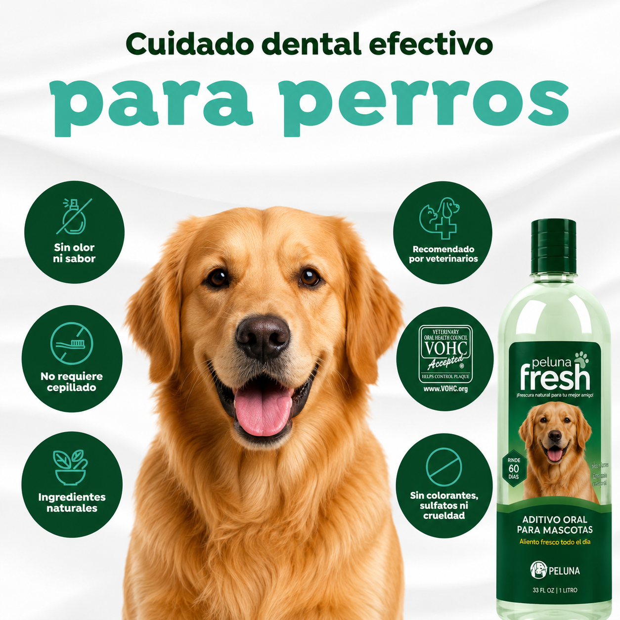 Peluna Fresh — Aditivo oral en agua para perros (botella 1 L, rinde ~60 días).